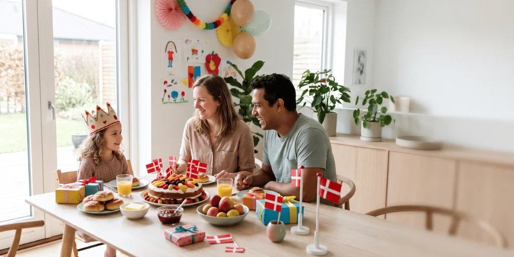 Child celebrating a traditional Danish birthday with cake, Danish flags and birthday decorations
