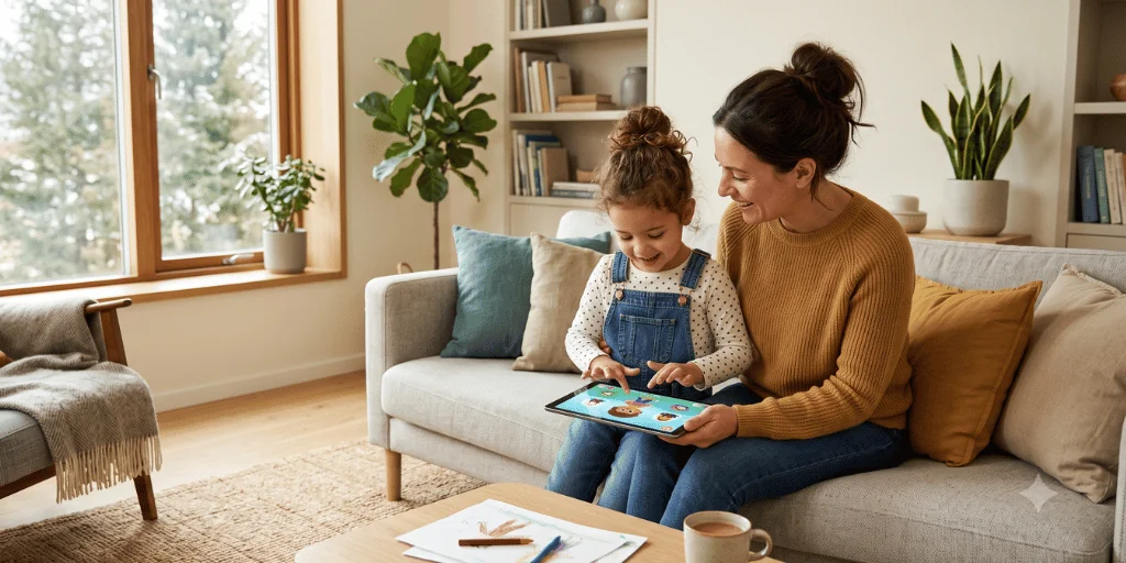 Mother and daughter using a safe educational app together at home