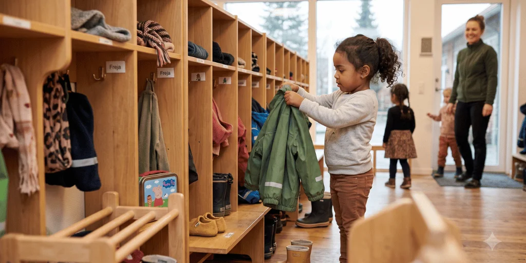 Preschool child independently getting ready at a Danish kindergarten