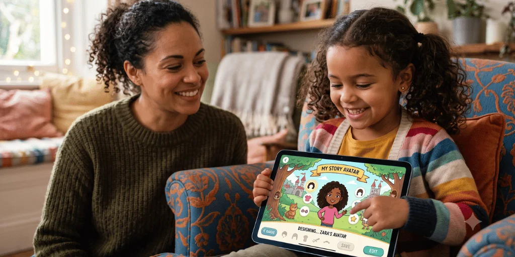 Child creating an avatar that looks like them in a language learning app