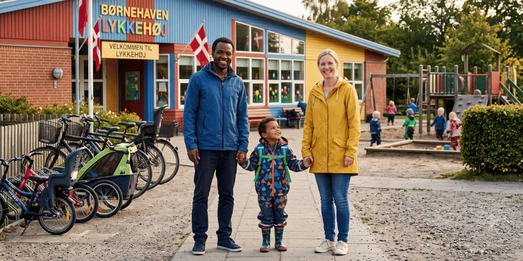 International child starting kindergarten in Denmark with parents on the first day
